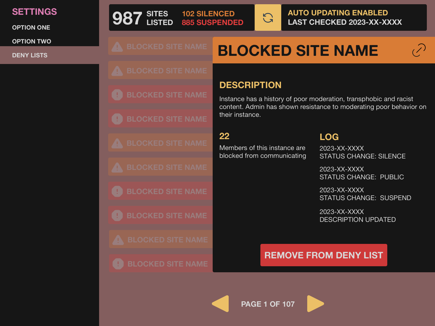 Image of a mock admin panel. In this view, in this view is a deeper detail of
a mock suspended site, showing a description and history log for the site.