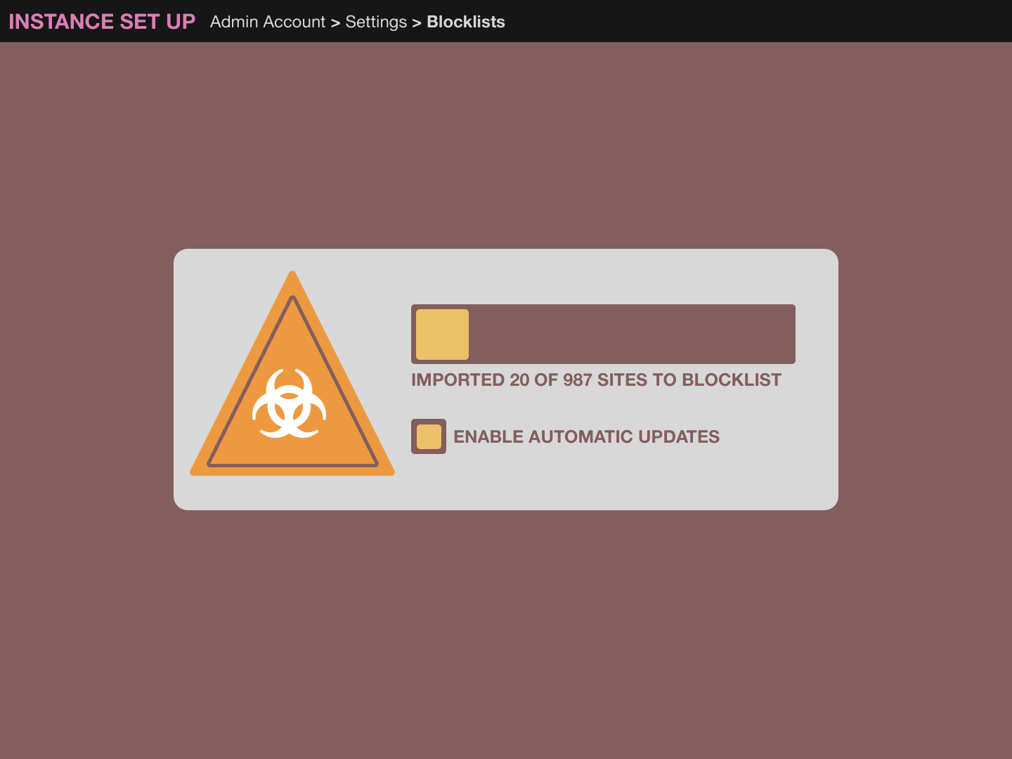 Image of a mock admin panel. In this view, an import of a dynamic blocklist
is in the process of uploading.